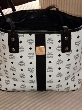 MCM White and Black Monogram Tote with Gold Plaque